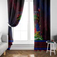 Haitian flag day window curtains framing a window, showing red and blue emblem center