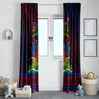 Haitian flag day window curtains, two dark panels with Haitian emblem and patterned hem