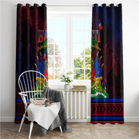 Haitian flag day window curtains with dark red left panel and blue right panel, emblem visible