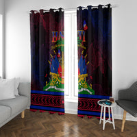 Haitian flag day window curtains with two dark panels and emblem, striped bottom trim