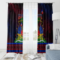 Haitian flag day window curtains with two panels and Haitian emblem, framed by white window