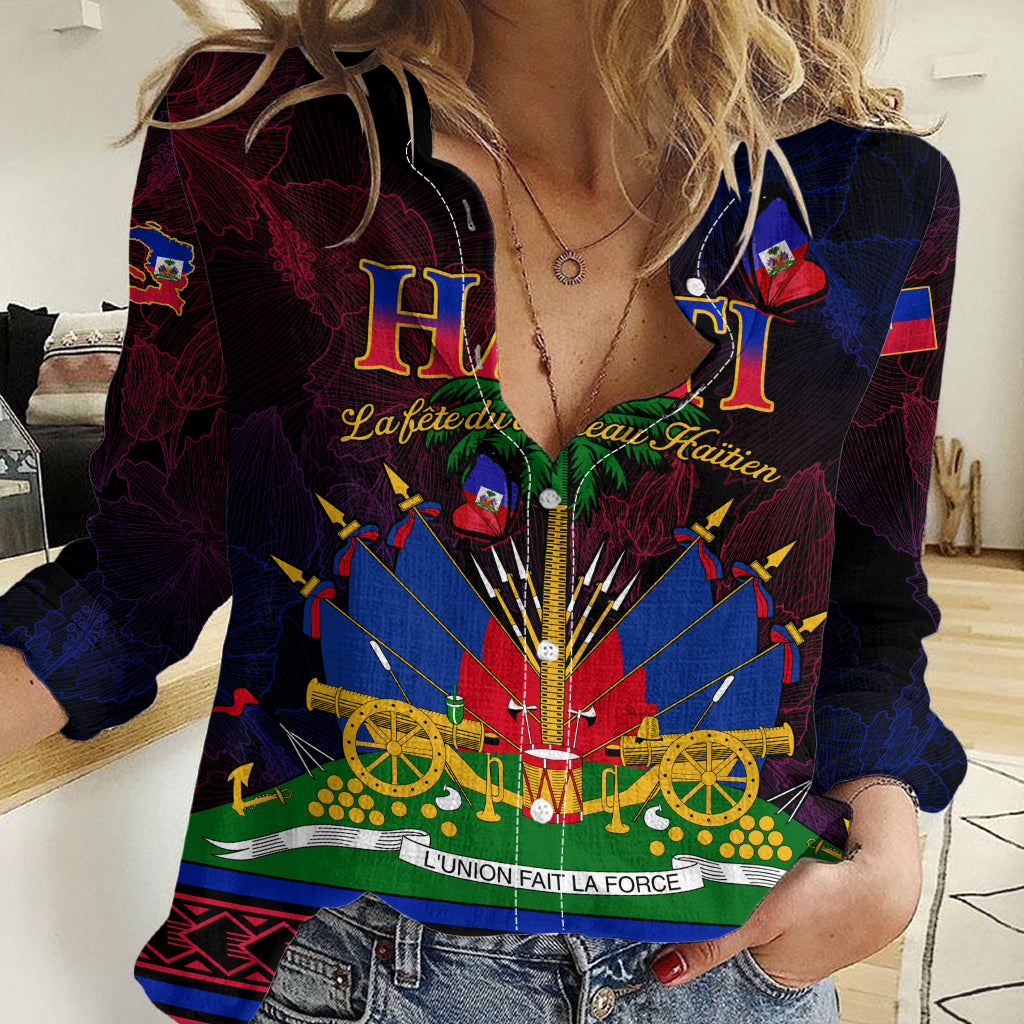 Women’s casual long-sleeve shirt, black with colorful flag-themed front graphic