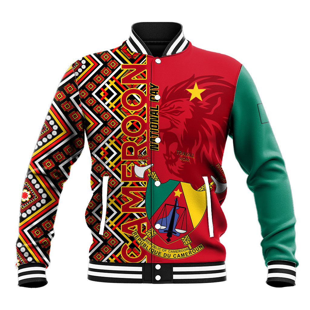 Unisex baseball jacket with red, green, and black Ankara geometric sleeves and crest