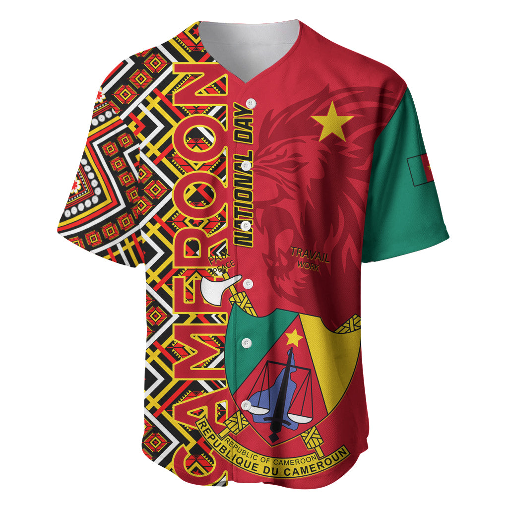 Cameroon National Day Baseball Jersey Cameroun Coat Of Arms Ankara Pattern - Wonder Print Shop