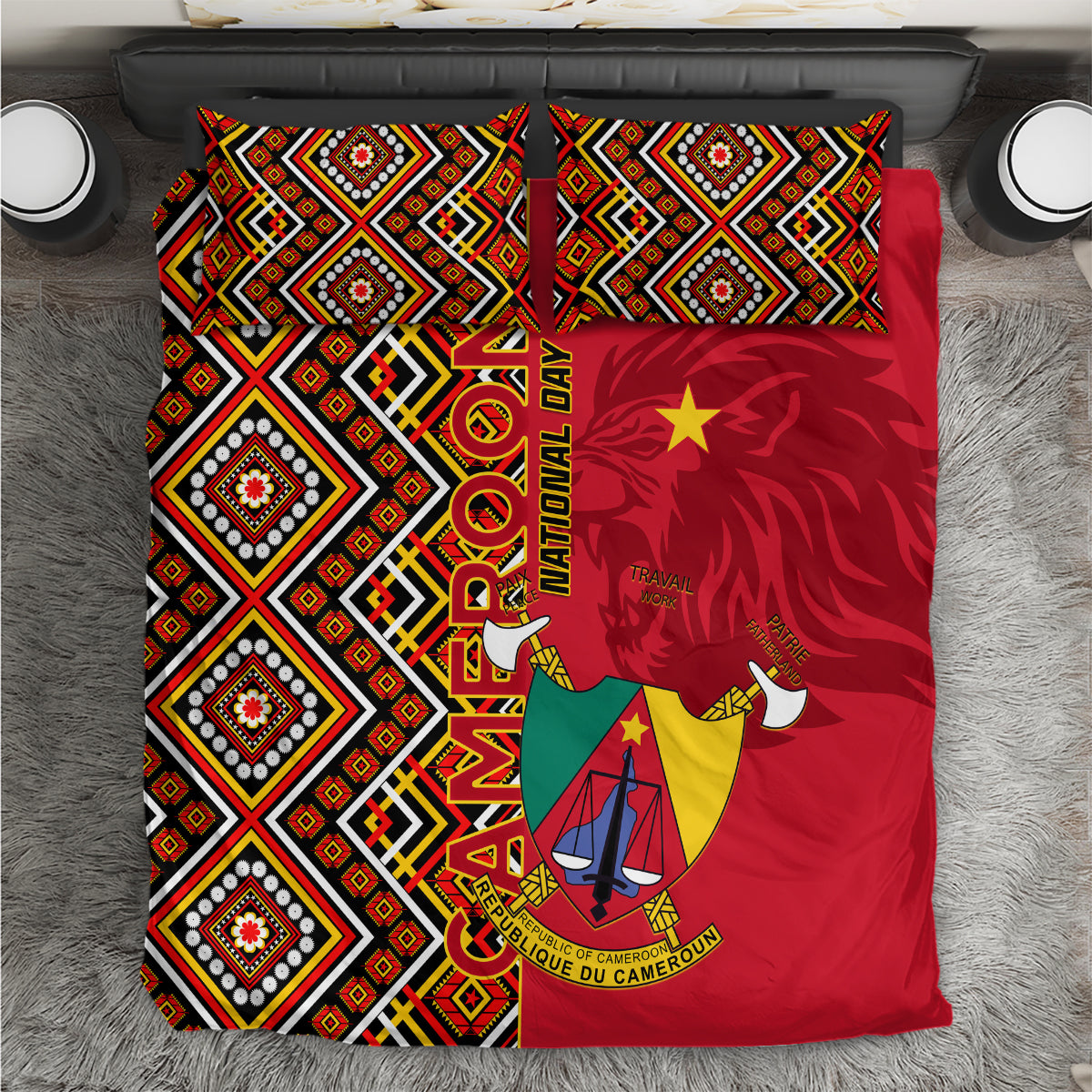 Cameroon bedding set featuring geometric red, black, and white pillowcases with coat of arms design