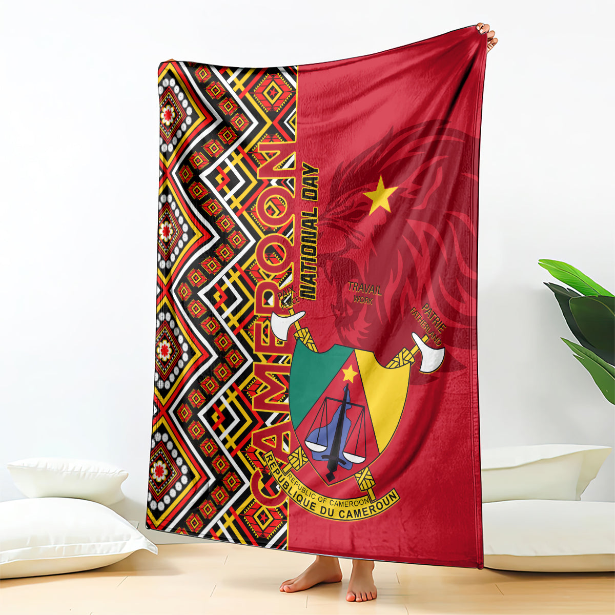 Cameroon national day blanket hanging, red Ankara pattern left panel and coat of arms right