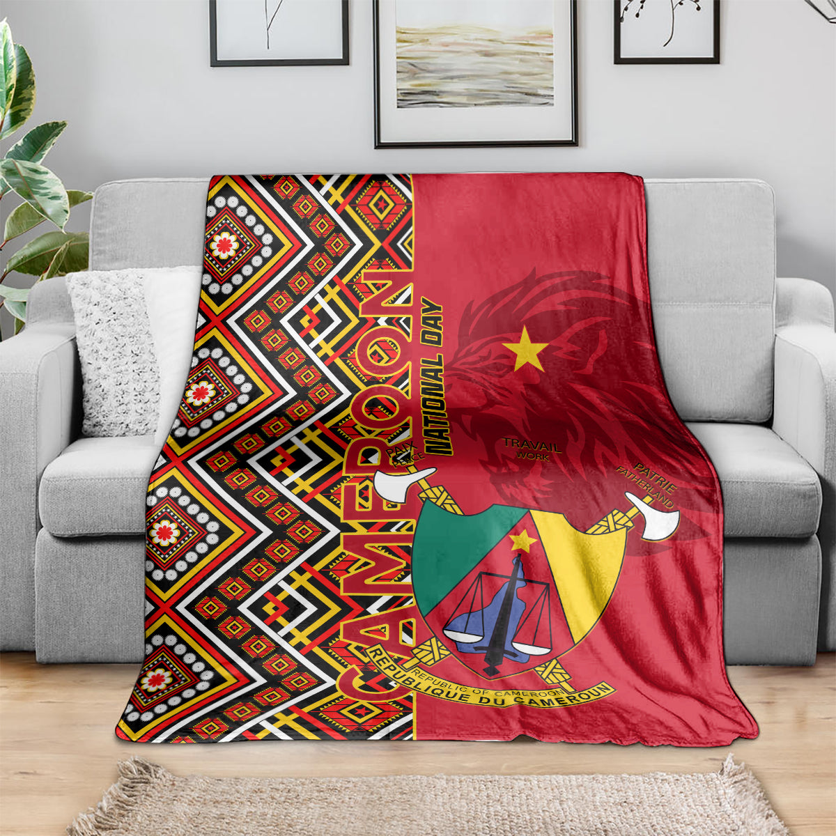 Cameroon national day blanket with red geometric Ankara pattern and coat of arms