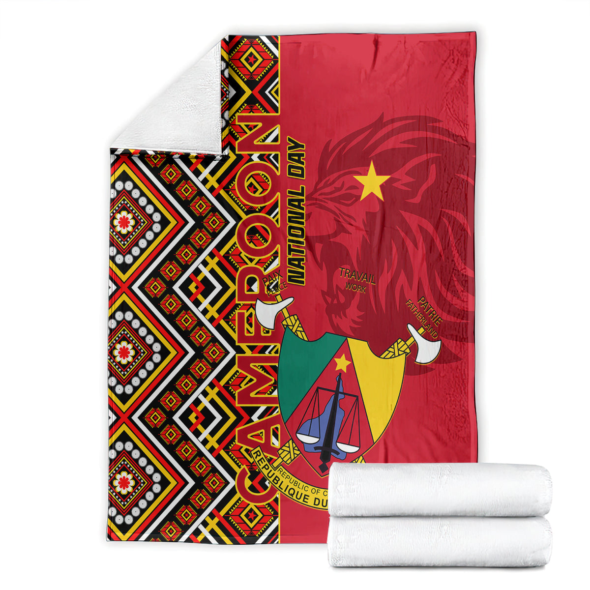 Cameroon national day blanket set, red geometric Ankara side and coat of arms detail