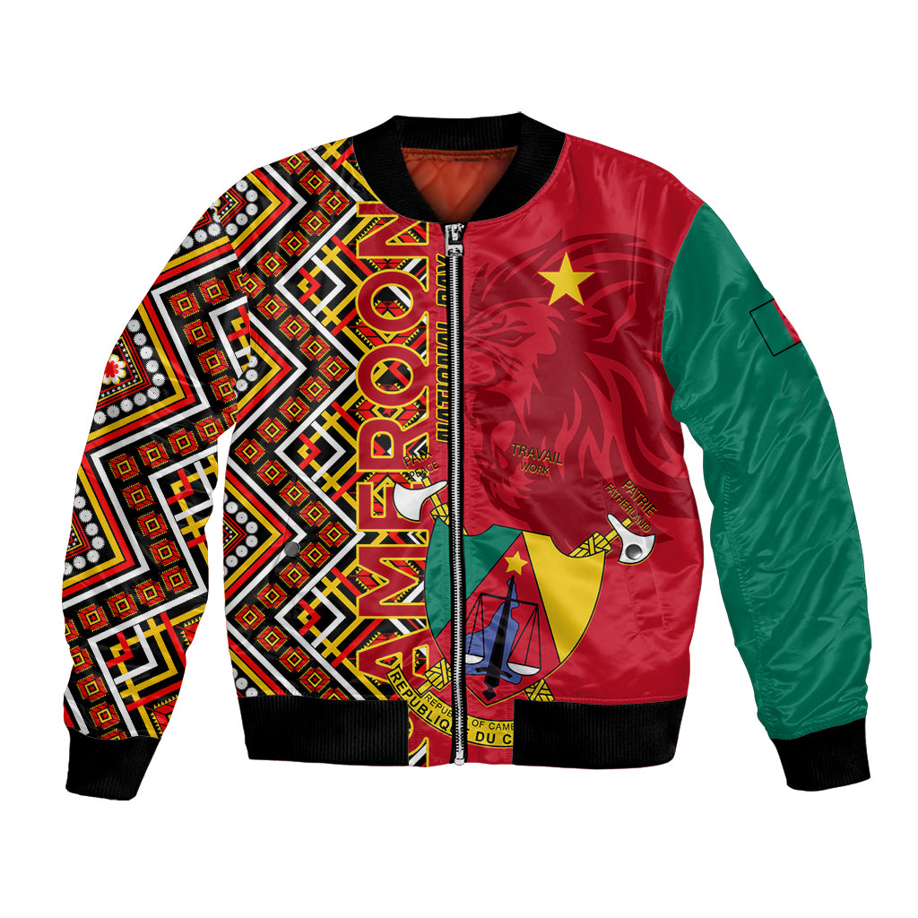 Unisex bomber jacket, red/green panels, black trim, front zipper, coat of arms graphic
