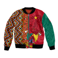 Unisex bomber jacket, red/green panels, black trim, front zipper, coat of arms graphic