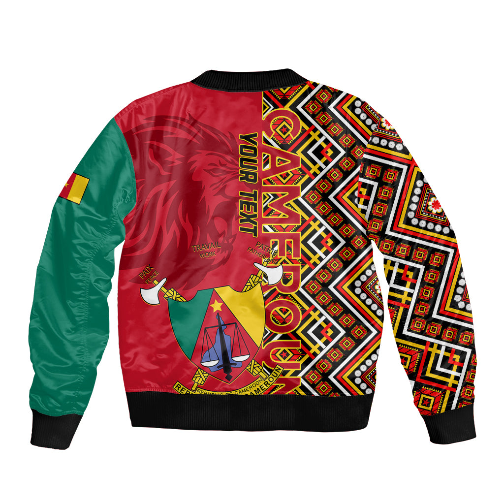 Unisex bomber jacket back view, red/green with Ankara pattern, coat of arms graphic, black trim