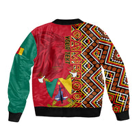 Unisex bomber jacket back view, red/green with Ankara pattern, coat of arms graphic, black trim