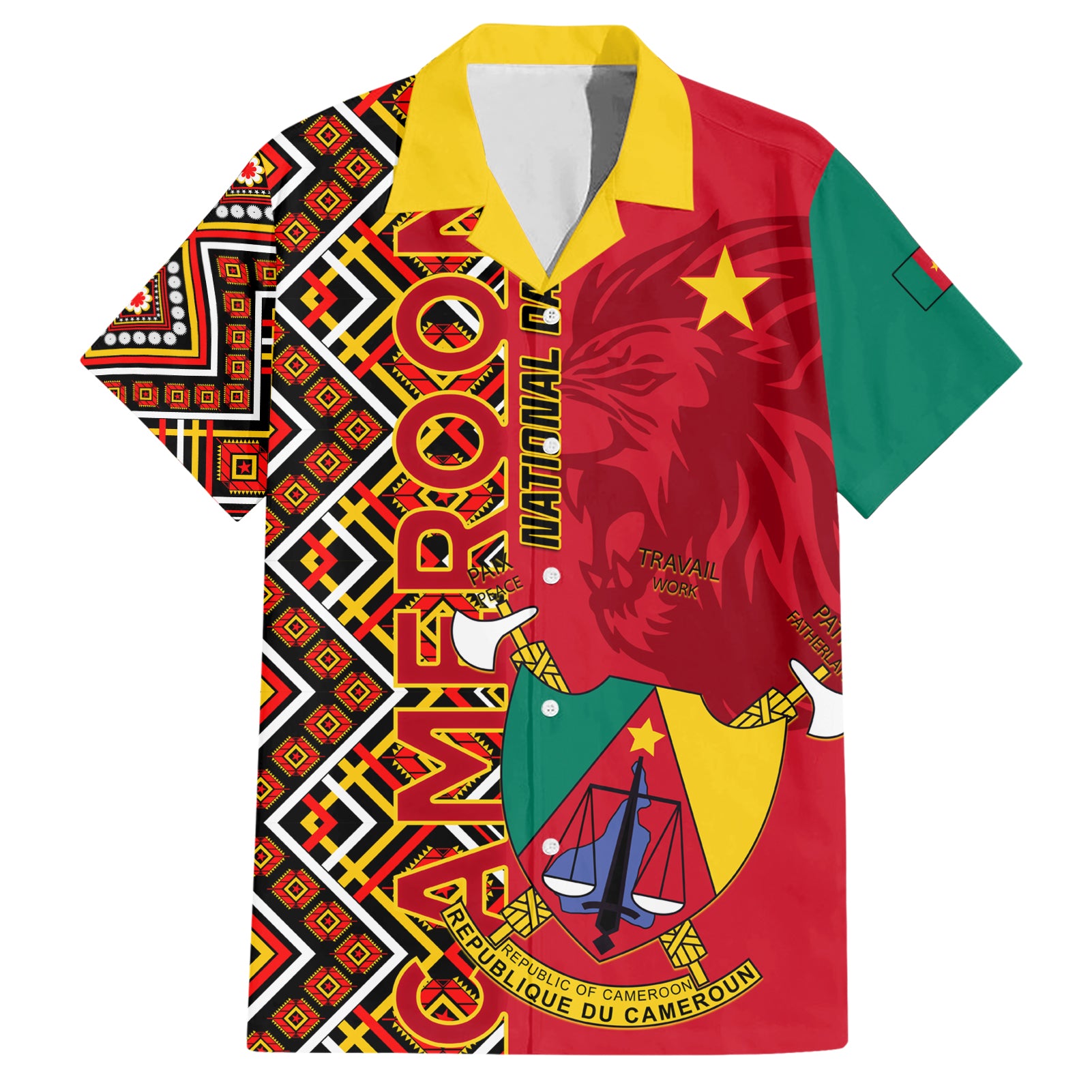 Cameroon National Day Hawaiian Shirt Cameroun Coat Of Arms Ankara Pattern - Wonder Print Shop