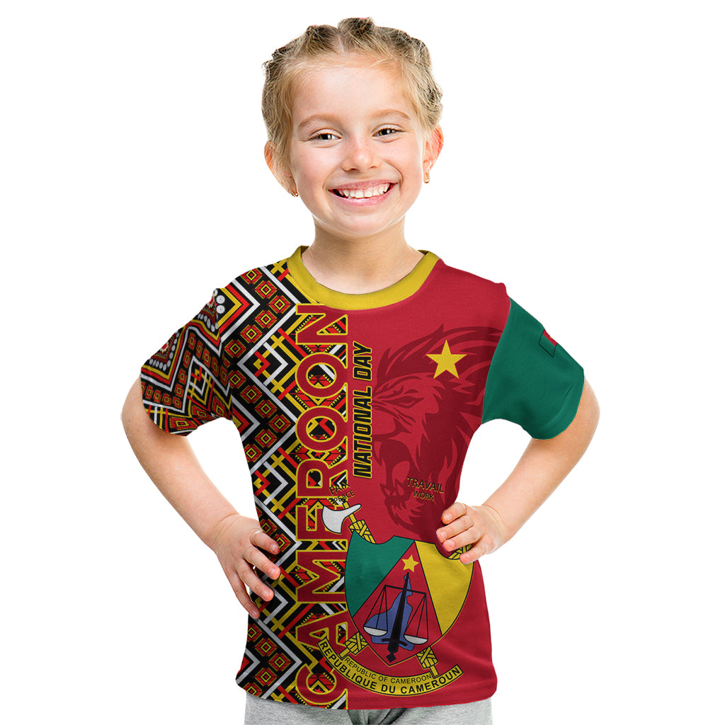 Cameroon National Day Kid T Shirt Cameroun Coat Of Arms Ankara Pattern - Wonder Print Shop