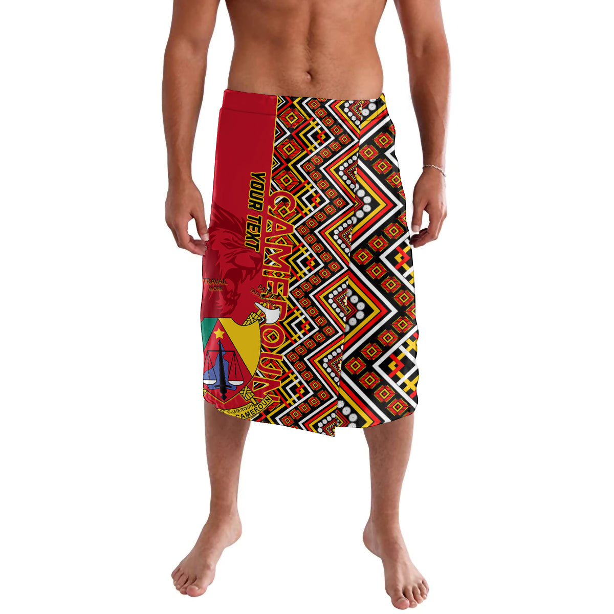 Knee-length sarong-style skirt with red waistband and colorful geometric Ankara pattern