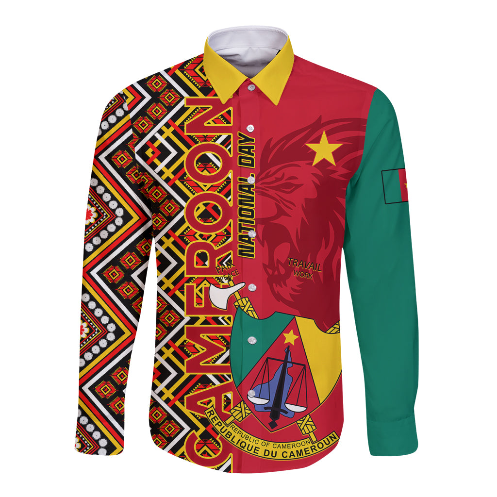 Unisex long-sleeve button shirt with bold geometric and flag-style graphic, multicolor