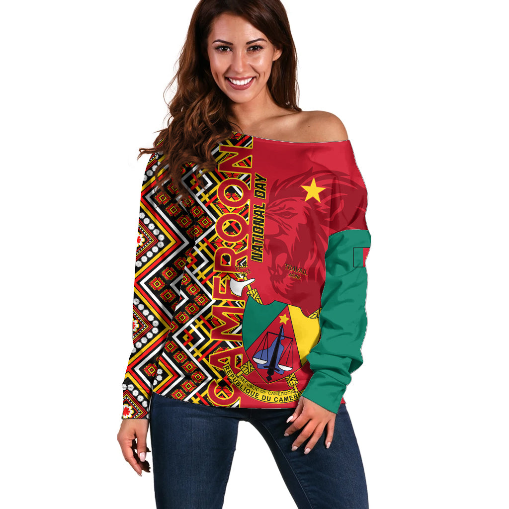 Cameroon National Day Off Shoulder Sweater Cameroun Coat Of Arms Ankara Pattern - Wonder Print Shop