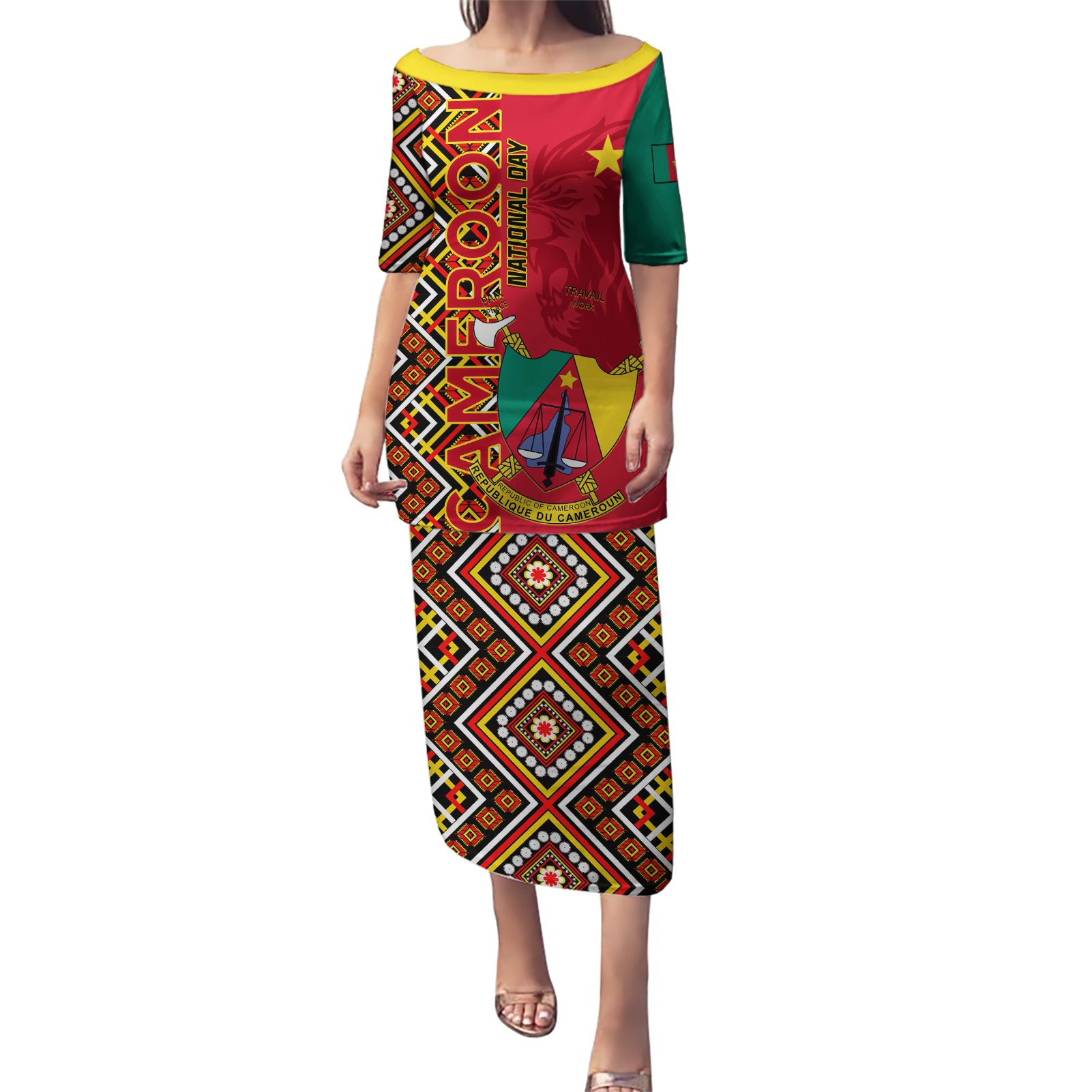 Cameroon National Day Puletasi Cameroun Coat Of Arms Ankara Pattern - Wonder Print Shop