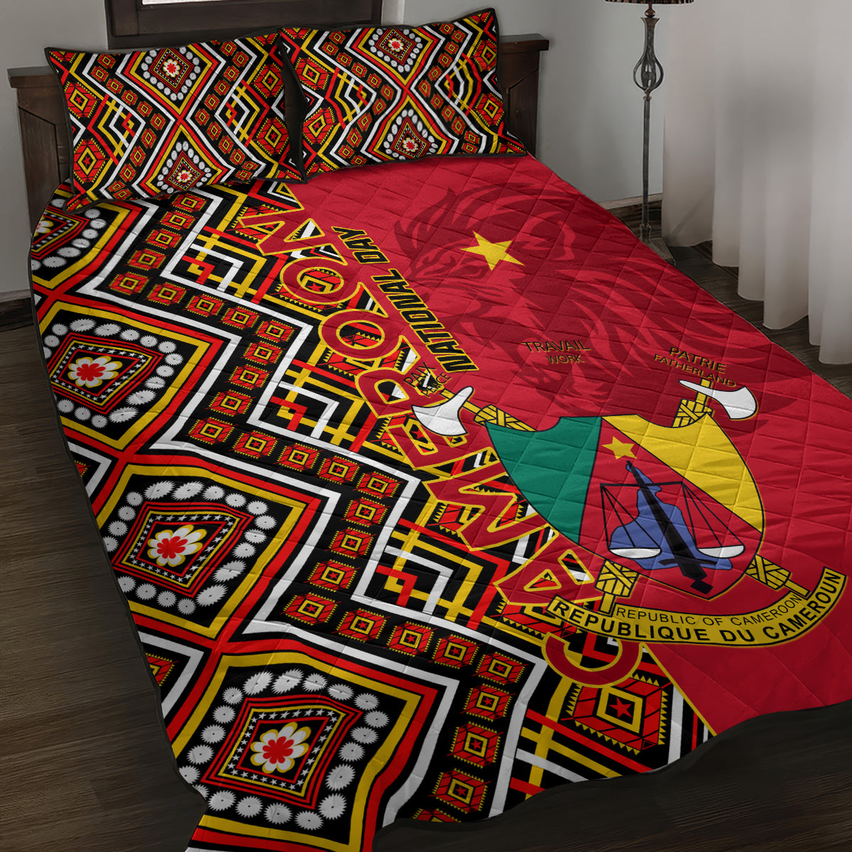 Cameroon National Day Quilt Bed Set Cameroun Coat Of Arms Ankara Pattern - Wonder Print Shop