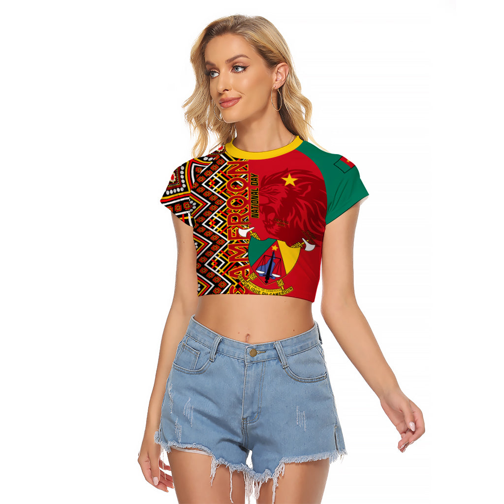 Cameroon National Day Raglan Cropped T Shirt Cameroun Coat Of Arms Ankara Pattern - Wonder Print Shop