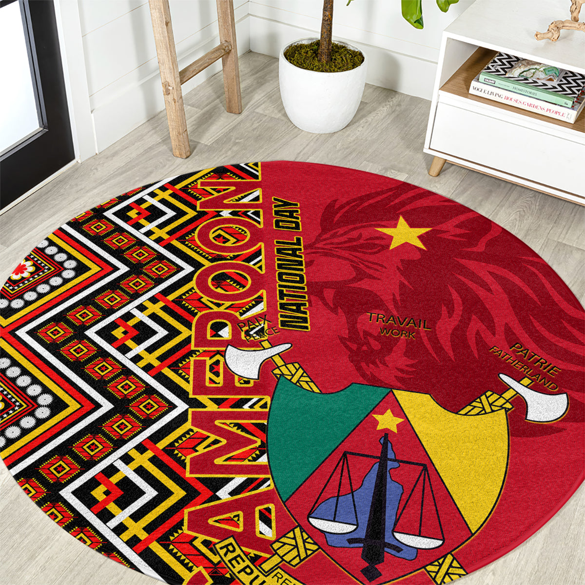 Round carpet close-up: red emblem with star, scales, and colorful geometric strip