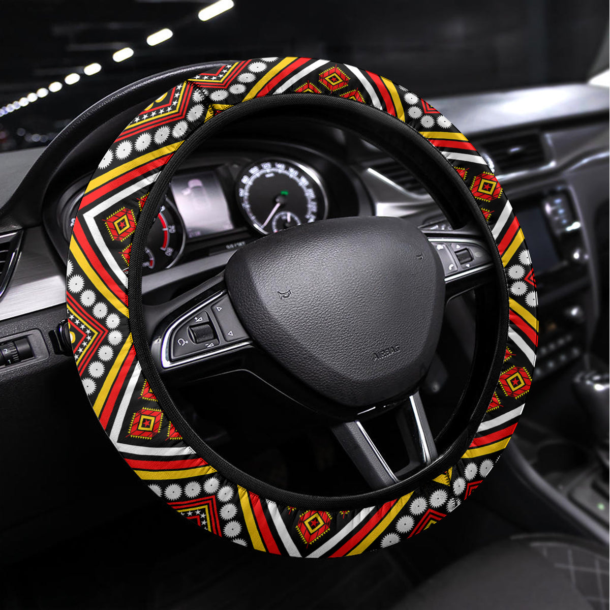 Cameroon National Day Steering Wheel Cover Cameroun Coat Of Arms Ankara Pattern - Wonder Print Shop