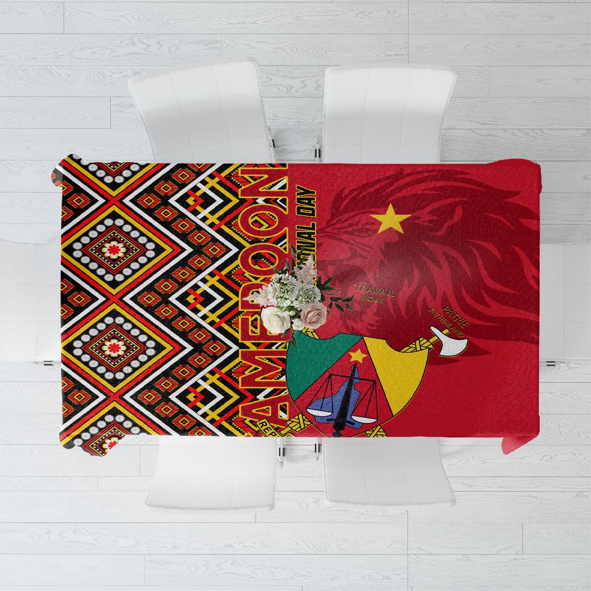 Cameroon tablecloth flat lay, red and black geometric panels with coat-of-arms