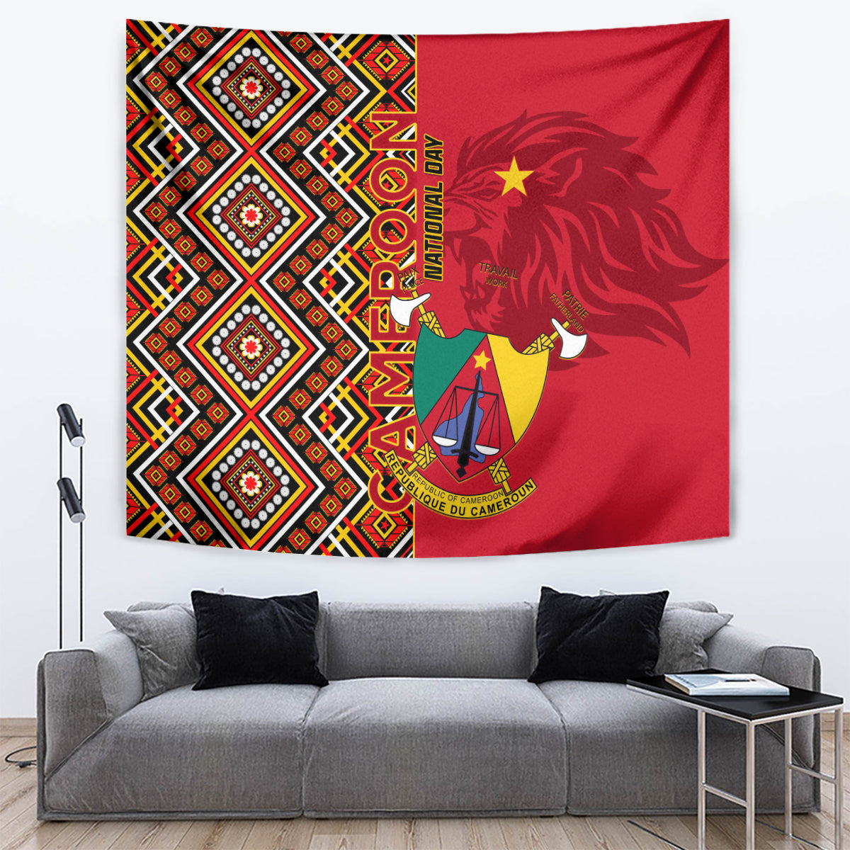 Rectangular wall tapestry showing red lion crest with star and multicolor Ankara geometric border