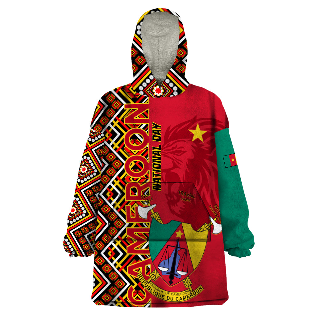 Cameroon National Day Wearable Blanket Hoodie Cameroun Coat Of Arms Ankara Pattern - Wonder Print Shop