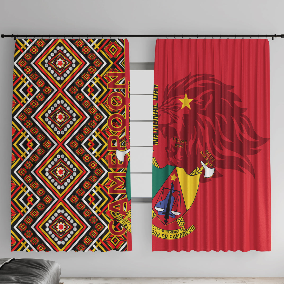 Cameroon National Day Window Curtain Cameroun Coat Of Arms Ankara Pattern - Wonder Print Shop