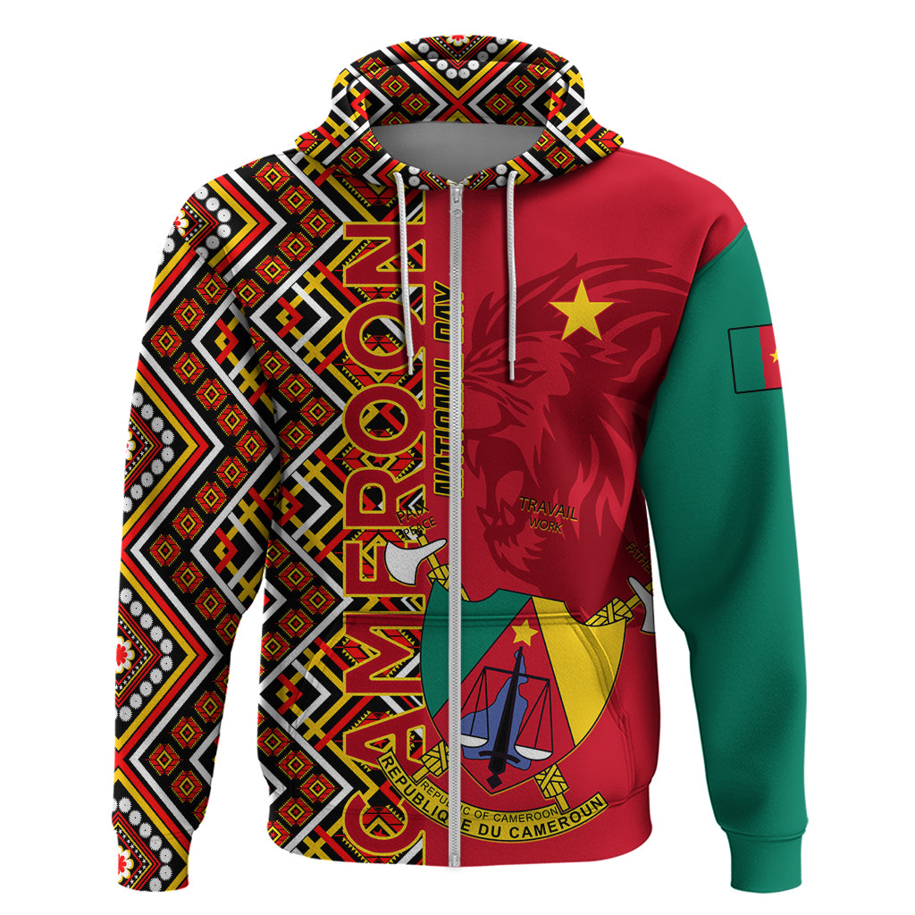 Cameroon National Day Zip Hoodie Cameroun Coat Of Arms Ankara Pattern - Wonder Print Shop