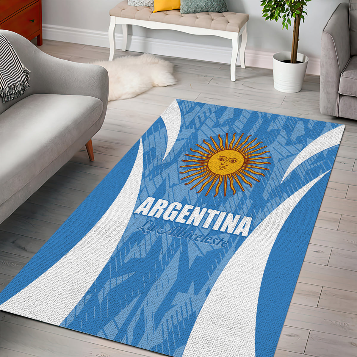 Blue and white Argentina area rug with sun emblem, ARGENTINA text, and stripes