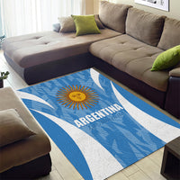 Blue and white Argentina area rug with sun emblem and ARGENTINA lettering