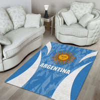 Blue and white Argentina area rug with sun emblem and ARGENTINA text