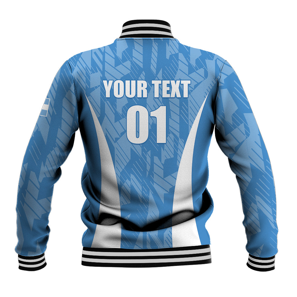 Personalized Argentina baseball jacket, blue; back print 'YOUR TEXT 01'.
