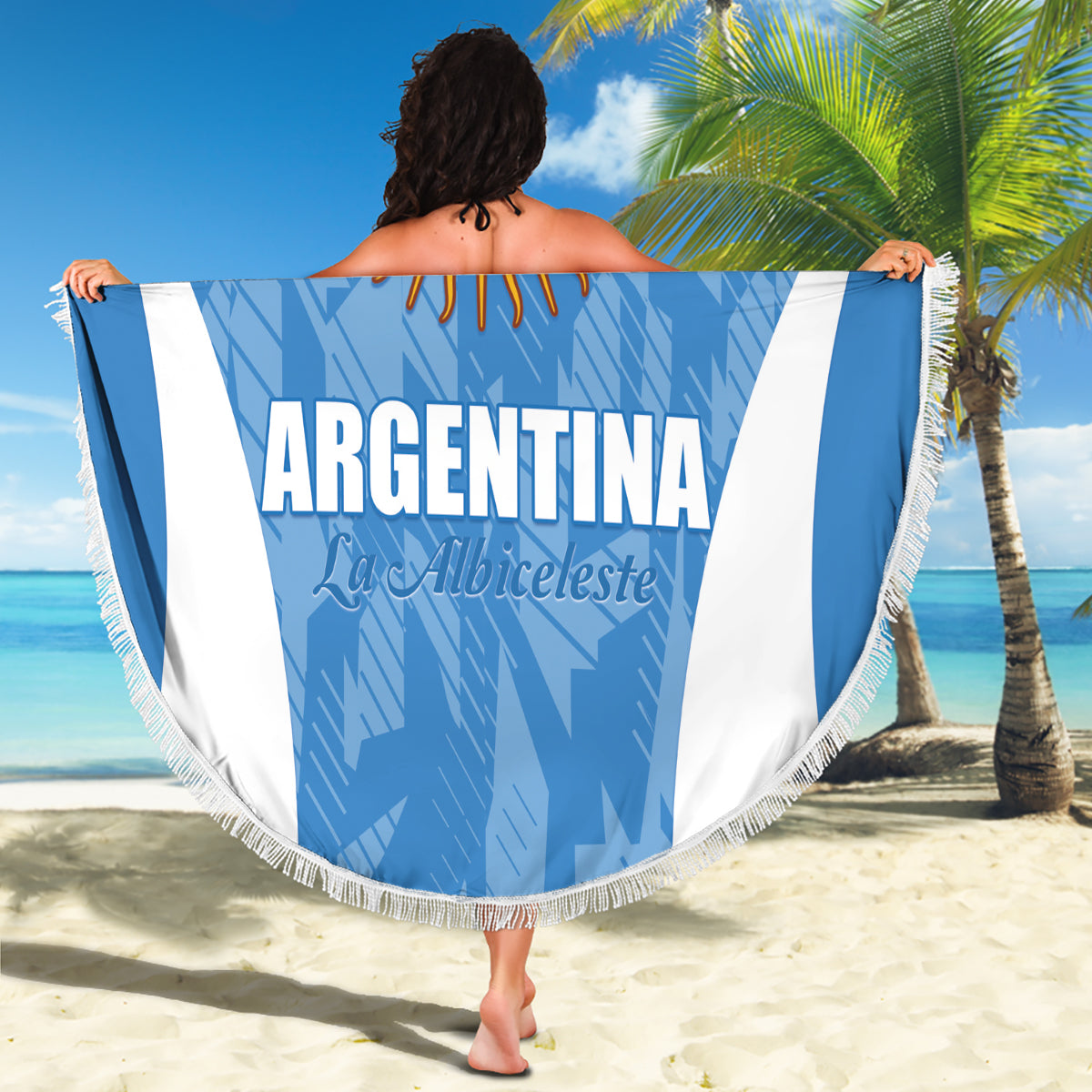 Argentina round beach blanket in blue and white with sun emblem, fringe trim