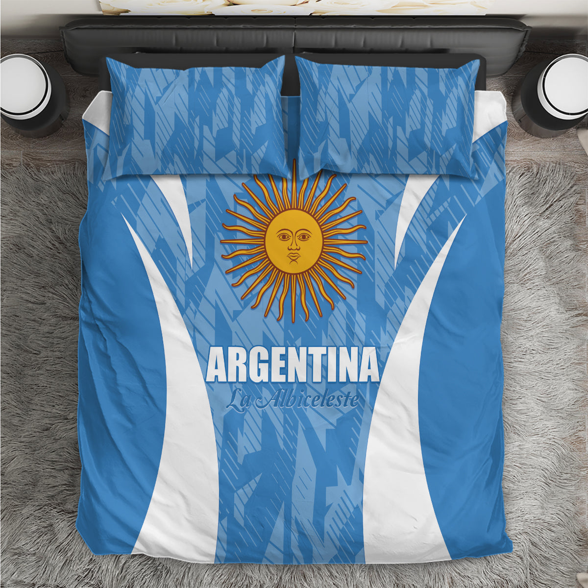 Blue and white Argentina duvet cover with sun emblem and bold “ARGENTINA” lettering