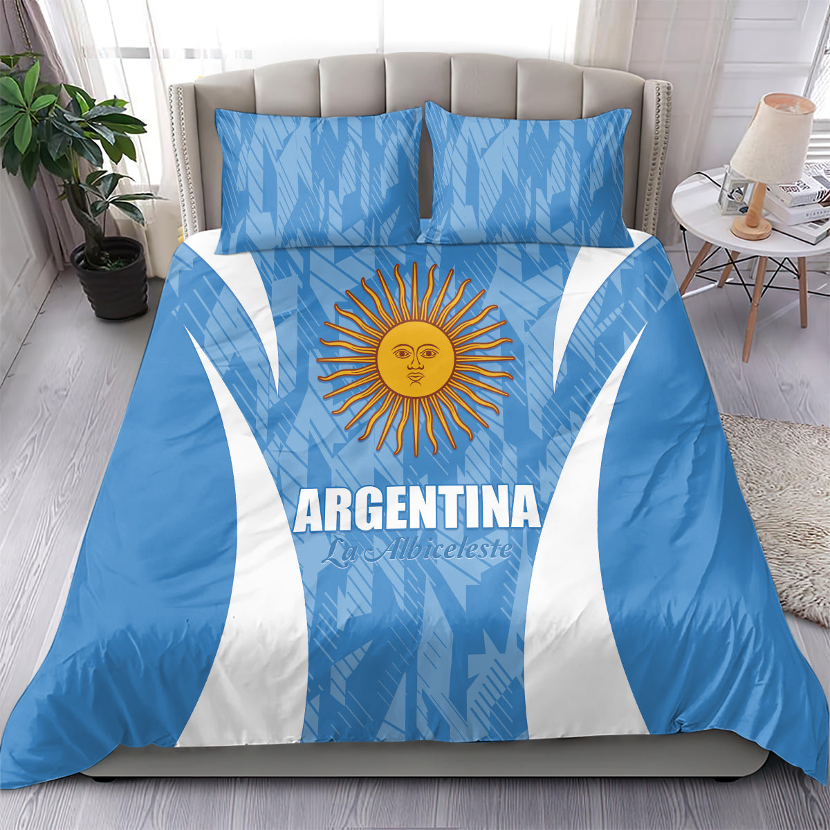 Blue Argentina bedding set with sun emblem and white flag stripes on duvet cover and pillows