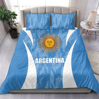 Blue Argentina bedding set with sun emblem and white flag stripes on duvet cover and pillows