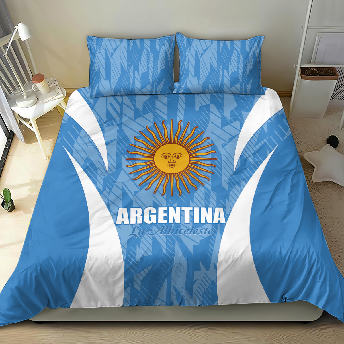 Blue and white Argentina bedding set featuring sun emblem center panel and flag stripe sides