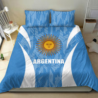 Blue and white Argentina bedding set featuring sun emblem center panel and flag stripe sides