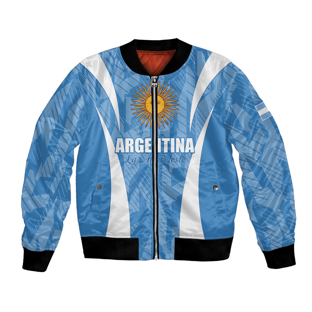 Blue bomber jacket with white vertical stripes, zip front, crest graphic, black ribbed cuffs.
