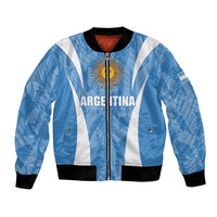 Blue bomber jacket with white vertical stripes, zip front, crest graphic, black ribbed cuffs.