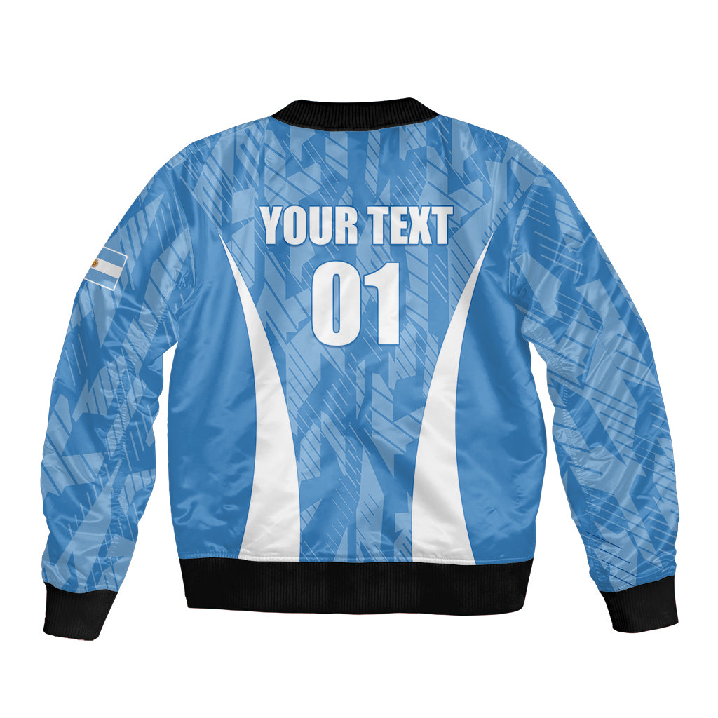 Blue bomber jacket with white vertical stripes, black ribbed trim, back 'YOUR TEXT 01' print.