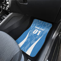 Blue front car floor mat with white stripe graphic and “YOUR TEXT 01”