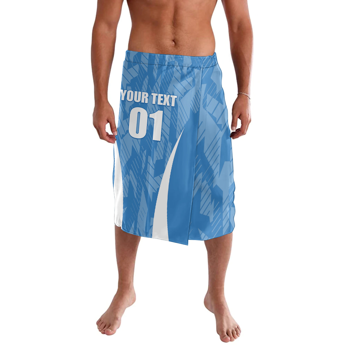 Blue swim shorts with 'YOUR TEXT 01' graphic and diagonal side panel
