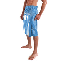Blue swim shorts with 'YOUR TEXT 01' graphic, side view