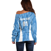 Women’s off-shoulder blue sweater with white stripes; back text “YOUR TEXT 01”