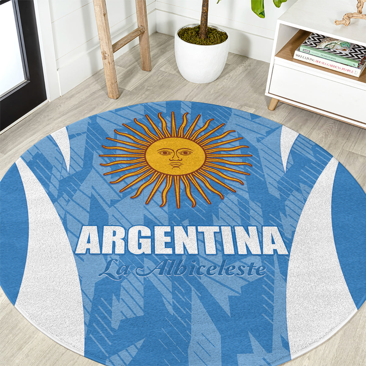 Argentina round carpet in blue with sun emblem and Argentina text
