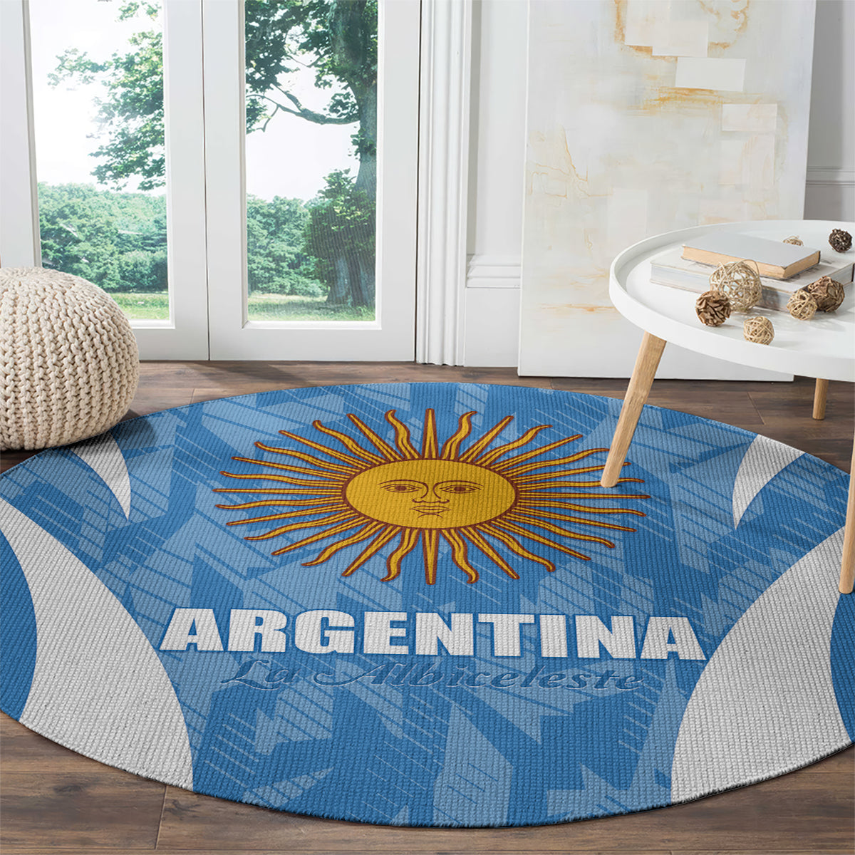 Argentina round carpet, blue with sun emblem and ARGENTINA lettering